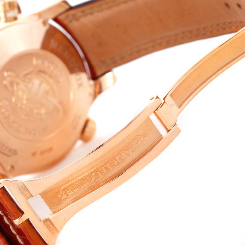 The image shows the backside and clasp of a Jaeger LeCoultre Master Q1702440 Men's Rose Gold Black Dial Q1702440 Men's Rose Gold Black Dial model watch, highlighting the craftsmanship and brand engraving.