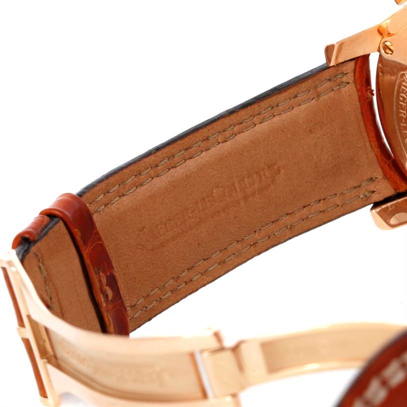 The image shows the back view of the leather strap and clasp of a Jaeger-LeCoultre Master watch.