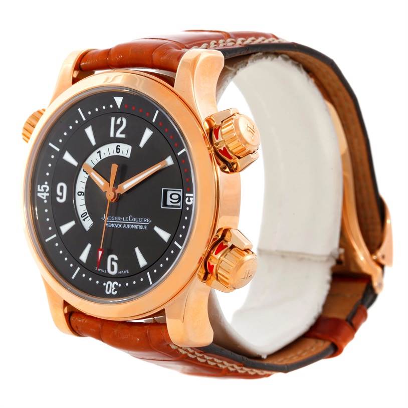 This Jaeger LeCoultre Master Q1702440 Men's Rose Gold Black Dial Q1702440 Men's Rose Gold Black Dial model watch is shown at a front angle highlighting the face, crown, and strap.