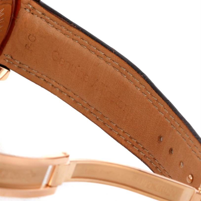 This image shows a close-up of the leather strap and clasp of a Jaeger LeCoultre Master Q1702440 Men's Rose Gold Black Dial Q1702440 Men's Rose Gold Black Dial model watch.