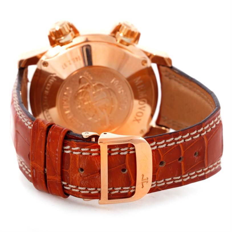 This image shows the back case and leather strap of a Jaeger-LeCoultre Master watch, highlighting the buckle and stitching.