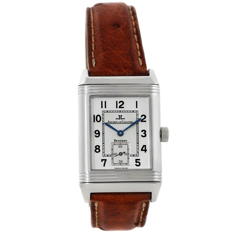 The image shows a front view of the Jaeger-LeCoultre Reverso watch, highlighting the dial, case, crown, and leather strap.