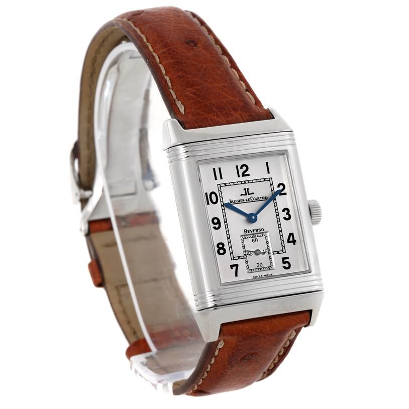 This image shows the Jaeger LeCoultre Reverso 2708410 Men
s Stainless Steel Silver Dial 2708410 Men
s Stainless Steel Silver Dial watch from a front angle, highlighting its dial, case, and leather strap.