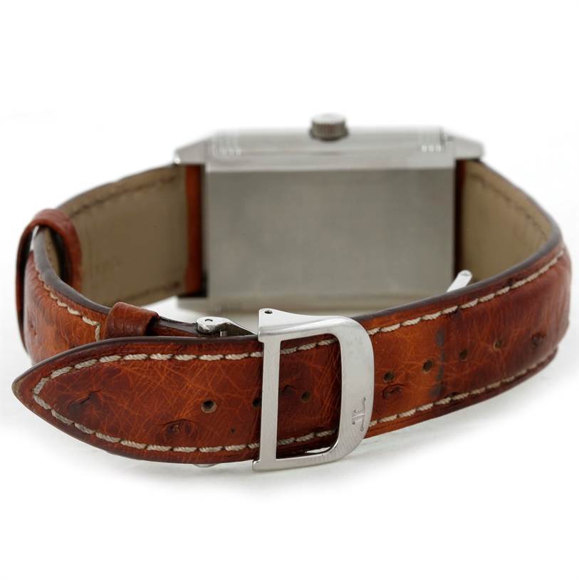 The image shows the back and clasp of a Jaeger LeCoultre Reverso 2708410 Men
s Stainless Steel Silver Dial 2708410 Men
s Stainless Steel Silver Dial watch, focusing on the brown leather strap and stainless steel buckle.