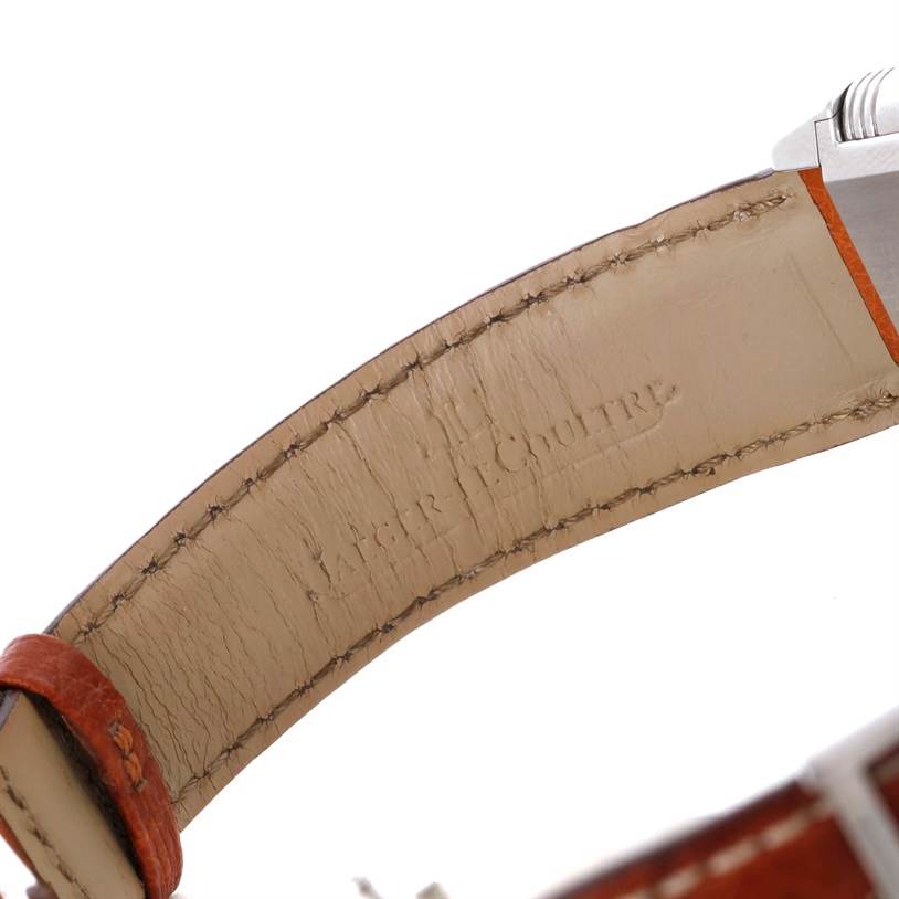 The image shows a close-up of the inner leather strap of the Jaeger LeCoultre Reverso 2708410 Men
s Stainless Steel Silver Dial 2708410 Men
s Stainless Steel Silver Dial watch, with the brand name embossed.
