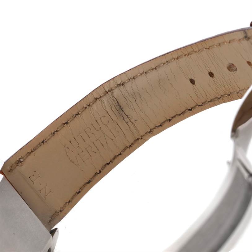 The image shows a close-up of the leather strap
s inner side of a Jaeger LeCoultre Reverso 2708410 Men
s Stainless Steel Silver Dial 2708410 Men
s Stainless Steel Silver Dial watch.