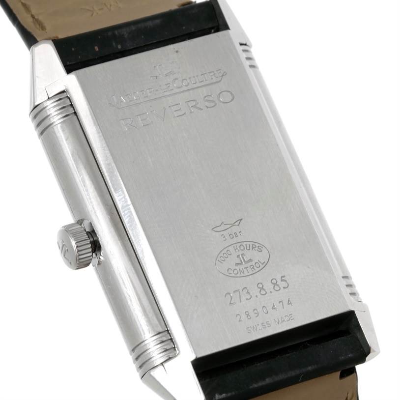 This image shows the back casing and crown of a Jaeger LeCoultre Reverso 3748421 Men's Stainless Steel Silver Dial 3748421 Men's Stainless Steel Silver Dial watch model from an angled rear view.
