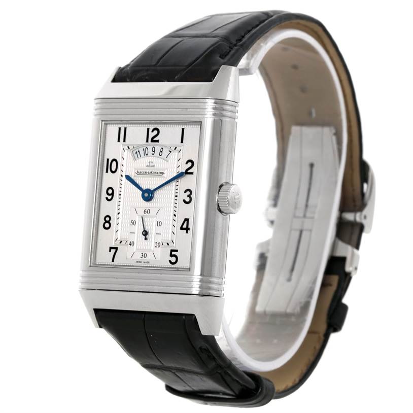 The image shows a front-angle view of a Jaeger-LeCoultre Reverso watch, highlighting its rectangular face and black leather strap.
