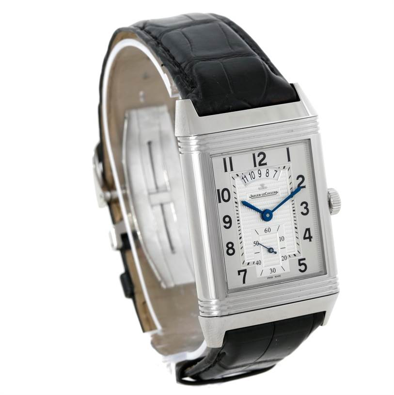 The image shows a Jaeger LeCoultre Reverso 3748421 Men's Stainless Steel Silver Dial 3748421 Men's Stainless Steel Silver Dial watch at a three-quarter angle, highlighting the rectangular face, hour markers, and leather band.