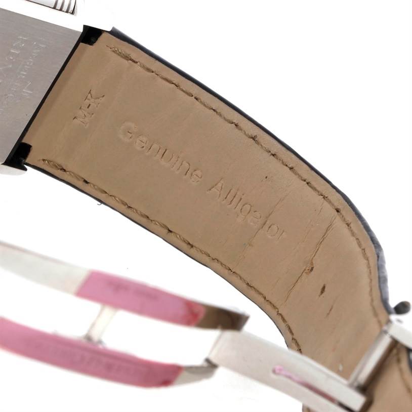 The image shows the interior of a Jaeger LeCoultre Reverso 3748421 Men's Stainless Steel Silver Dial 3748421 Men's Stainless Steel Silver Dial watch strap, highlighting the "Genuine Alligator" inscription.