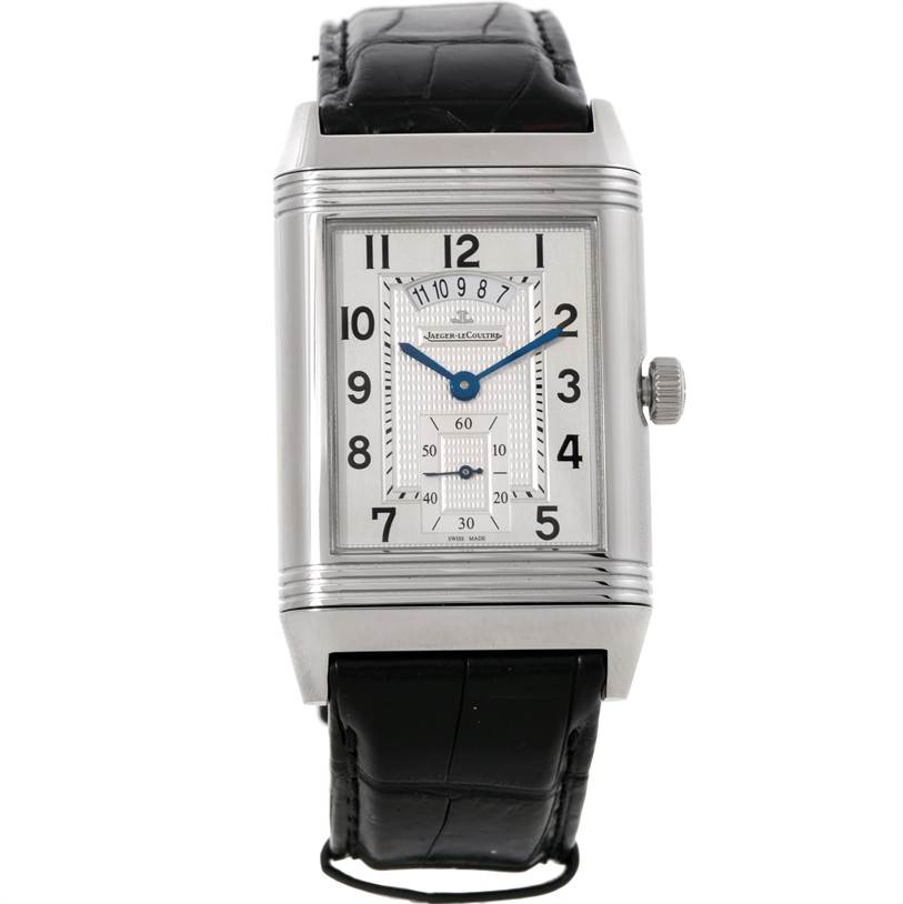 The image shows a Jaeger LeCoultre Reverso 3748421 Men's Stainless Steel Silver Dial 3748421 Men's Stainless Steel Silver Dial watch, featuring its rectangular dial and black leather strap from a front angle.