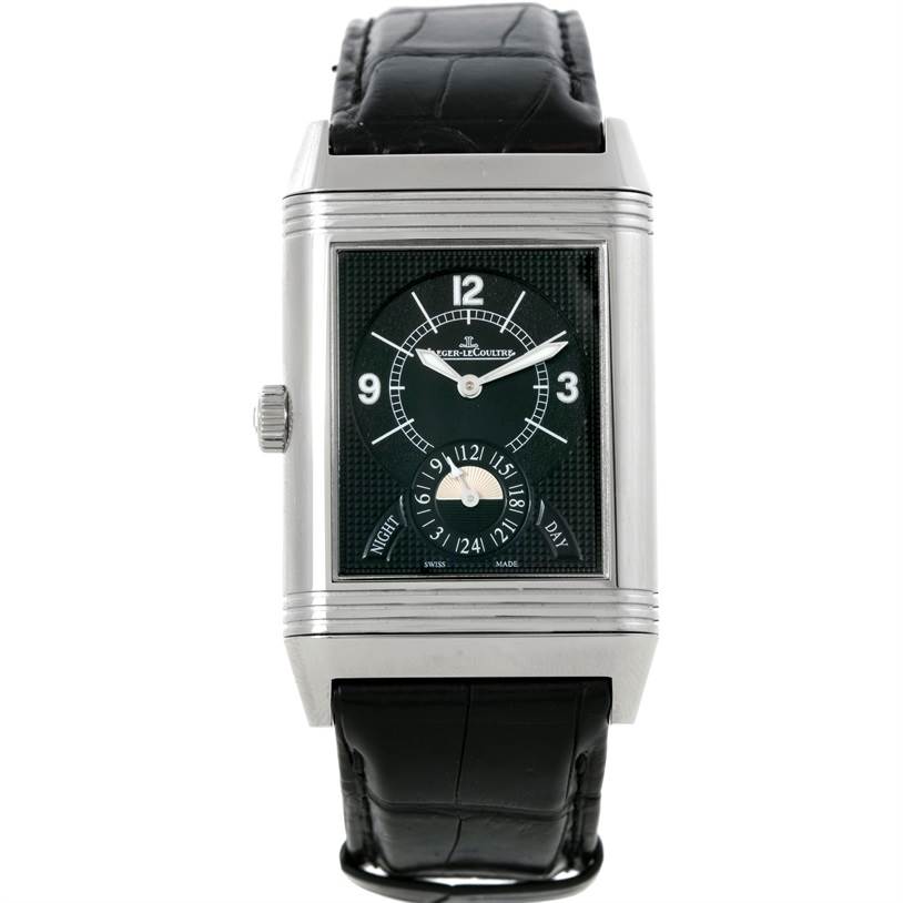 This image shows a front view of the Jaeger LeCoultre Reverso 3748421 Men's Stainless Steel Silver Dial 3748421 Men's Stainless Steel Silver Dial watch, displaying its face, dial, and leather strap.