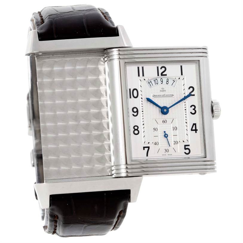The Jaeger LeCoultre Reverso 273.8.85 Men
s Stainless Steel Silver Dial 273.8.85 Men
s Stainless Steel Silver Dial watch is shown at an angle with its face and partially pivoted case displayed.