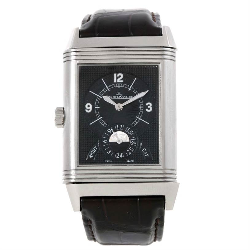 This image shows a frontal view of the Jaeger LeCoultre Reverso 273.8.85 Men
s Stainless Steel Silver Dial 273.8.85 Men
s Stainless Steel Silver Dial watch, highlighting the dial, case, and part of the leather strap.