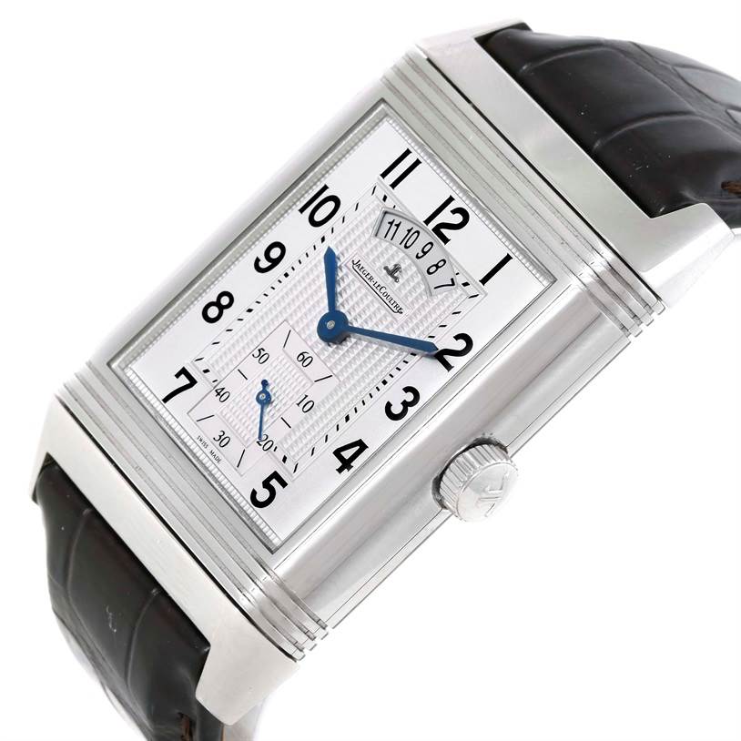 This Jaeger-LeCoultre Reverso watch is shown at an angled close-up view highlighting its face, case, and crown.