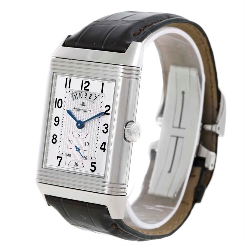 The image shows a Jaeger LeCoultre Reverso 273.8.85 Men
s Stainless Steel Silver Dial 273.8.85 Men
s Stainless Steel Silver Dial watch at a three-quarter angle, highlighting the face, strap, and crown.