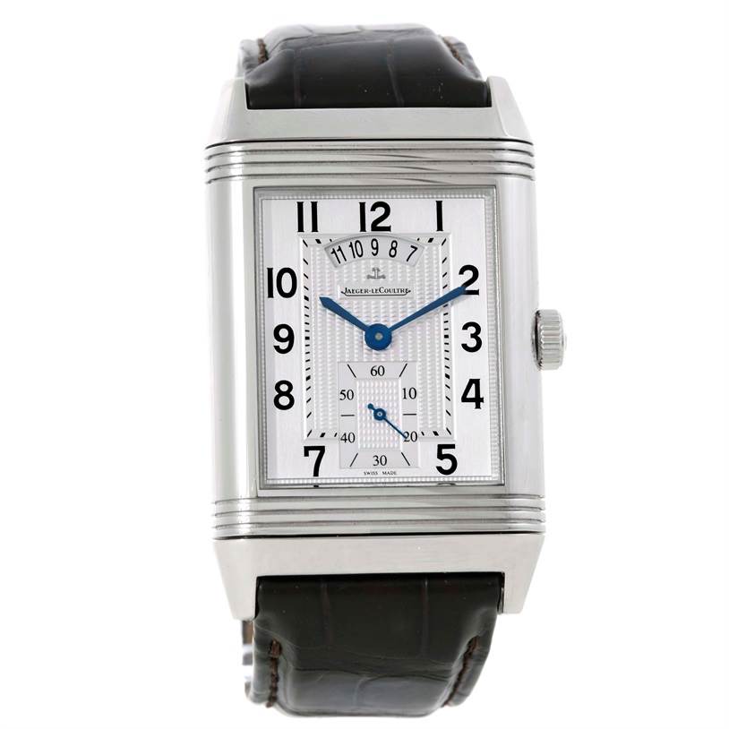 The image shows a front view of the Jaeger LeCoultre Reverso 273.8.85 Men
s Stainless Steel Silver Dial 273.8.85 Men
s Stainless Steel Silver Dial watch, displaying its rectangular dial and leather strap.