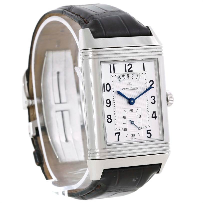 The image shows the front and side of a Jaeger LeCoultre Reverso 273.8.85 Men
s Stainless Steel Silver Dial 273.8.85 Men
s Stainless Steel Silver Dial watch, highlighting the dial, crown, and leather strap.