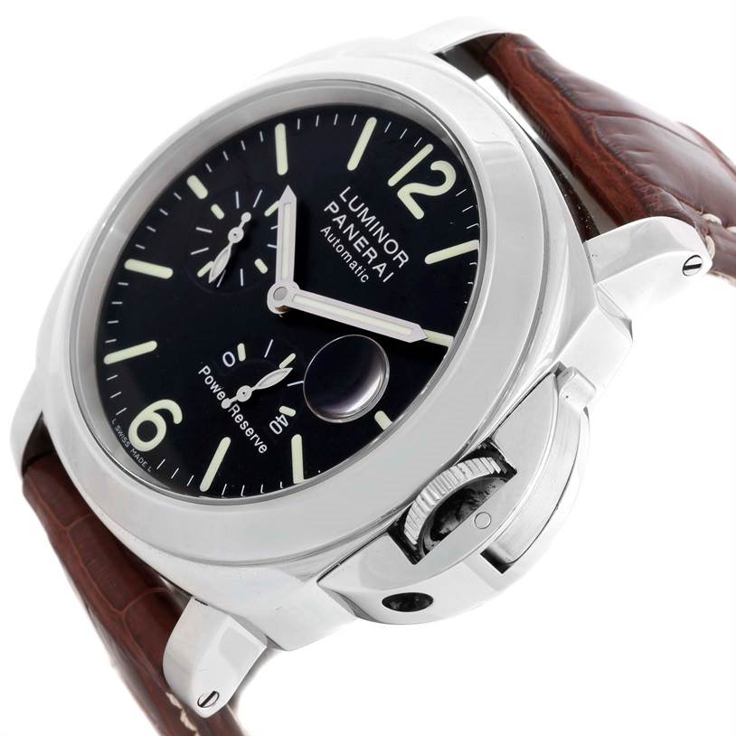 This image shows a close-up angle of the Panerai Luminor PAM00090 Men
s Stainless Steel Black Dial PAM00090 Men
s Stainless Steel Black Dial watch face, crown, and part of the brown strap.