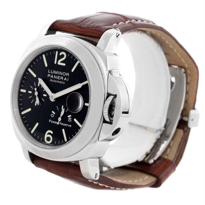 The image shows a Panerai Luminor PAM00090 Men
s Stainless Steel Black Dial PAM00090 Men
s Stainless Steel Black Dial watch at a three-quarter angle, highlighting its face, case, crown guard, and brown leather strap.