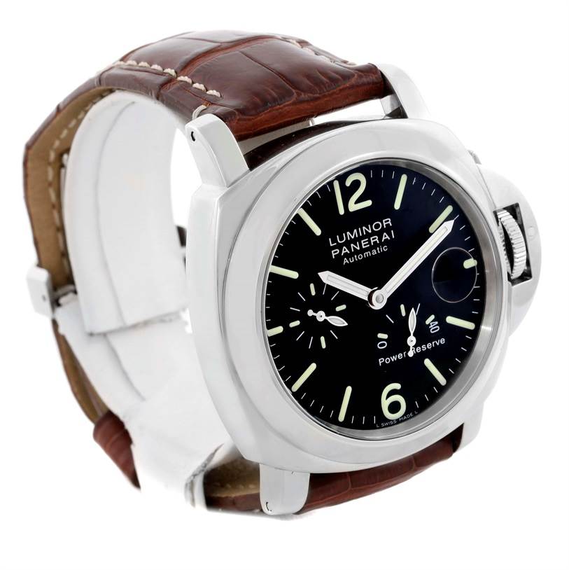 The Luminor model by Panerai is shown at an angled view, highlighting its dial, case, and brown leather strap.