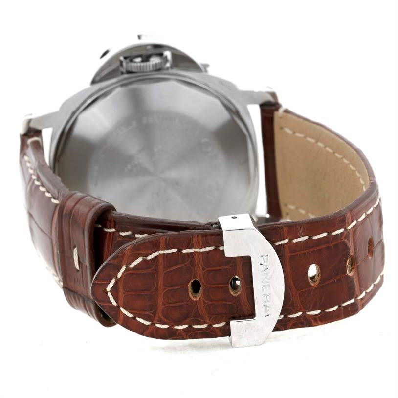 The image shows the back of a Panerai Luminor PAM00090 Men
s Stainless Steel Black Dial PAM00090 Men
s Stainless Steel Black Dial watch, focusing on the brown leather strap and the clasp.