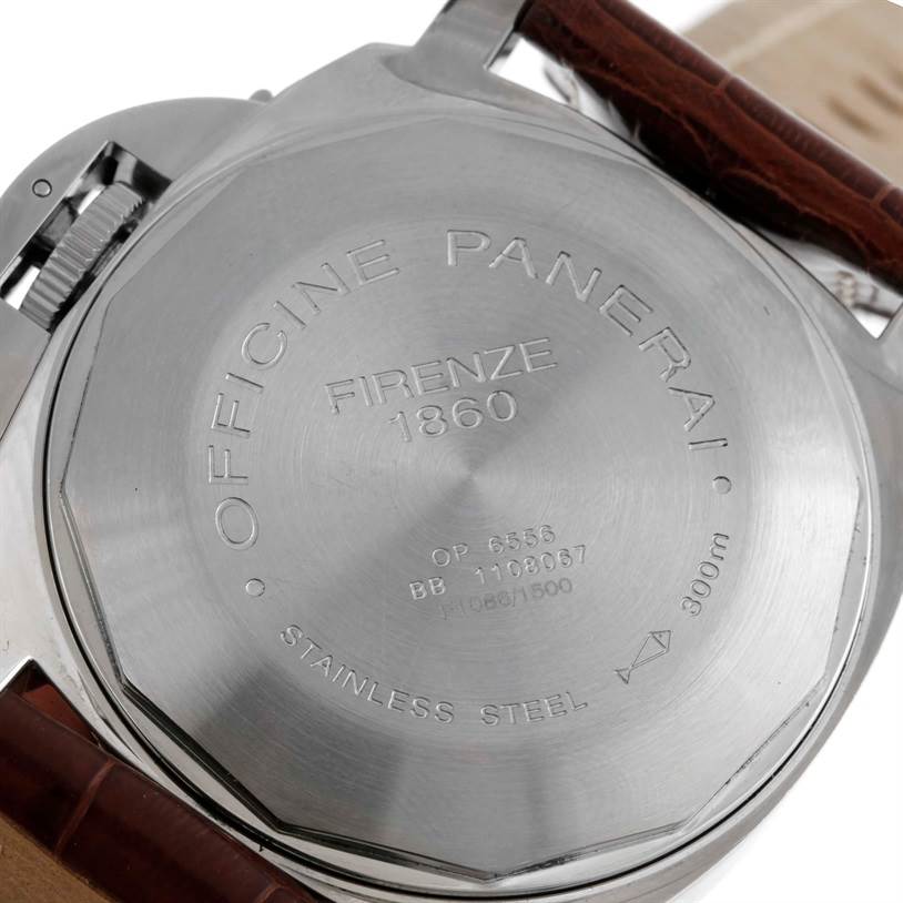 This image shows the back of a Panerai Luminor PAM00090 Men
s Stainless Steel Black Dial PAM00090 Men
s Stainless Steel Black Dial watch, highlighting the case back engravings and part of the leather strap.