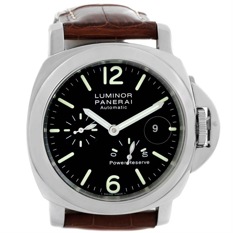 This image shows a front view of the Panerai Luminor PAM00090 Men
s Stainless Steel Black Dial PAM00090 Men
s Stainless Steel Black Dial watch, displaying its dial, hands, and strap.