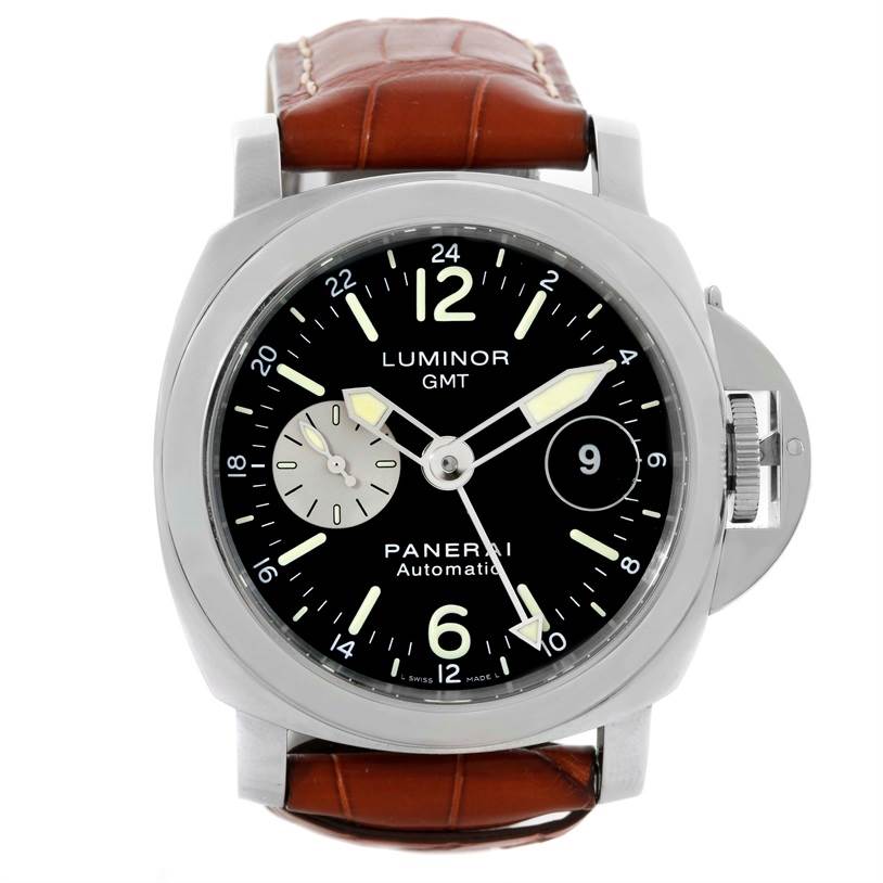 The image shows a front view of a Panerai Luminor PAM00088 Men
s Stainless Steel Black Dial PAM00088 Men
s Stainless Steel Black Dial watch, including the face, bezel, and strap.