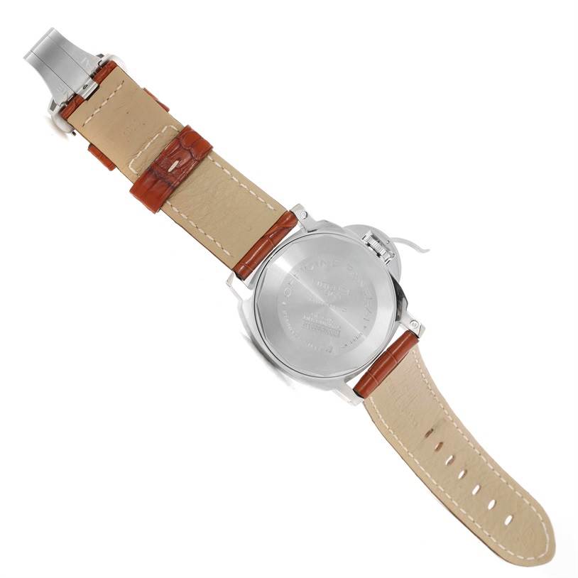 The image shows the back view of the Panerai Luminor PAM00088 Men
s Stainless Steel Black Dial PAM00088 Men
s Stainless Steel Black Dial watch, highlighting the caseback and leather strap.