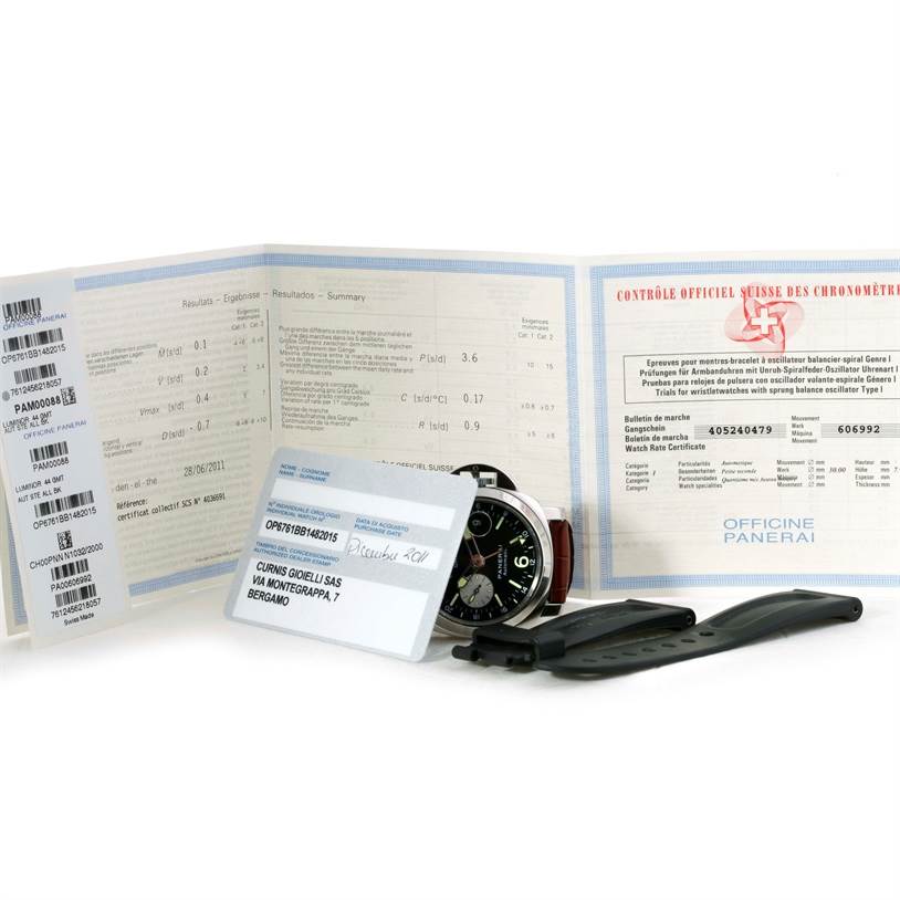 The image shows a Panerai Luminor PAM00088 Men
s Stainless Steel Black Dial PAM00088 Men
s Stainless Steel Black Dial watch with its warranty card, Best Quality
ating documents, and a replacement strap from a front angle.