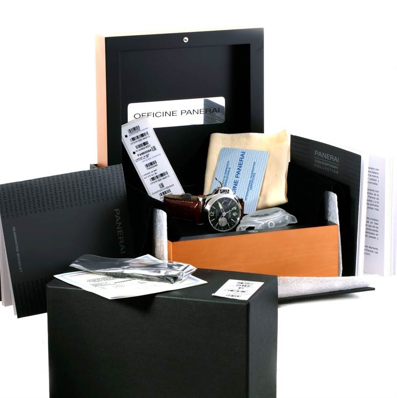 The image shows a Panerai Luminor PAM00088 Men
s Stainless Steel Black Dial PAM00088 Men
s Stainless Steel Black Dial watch straight on, along with its box, manuals, tags, and additional accessories.