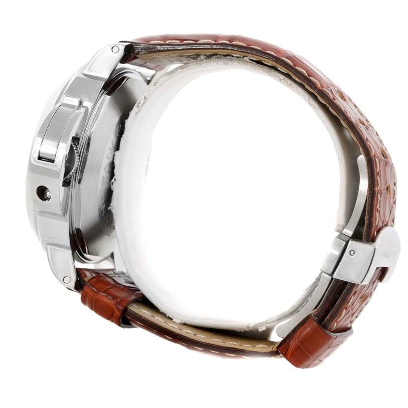 This image shows a side view of a Panerai Luminor PAM00088 Men
s Stainless Steel Black Dial PAM00088 Men
s Stainless Steel Black Dial watch with a brown leather strap and silver casing.