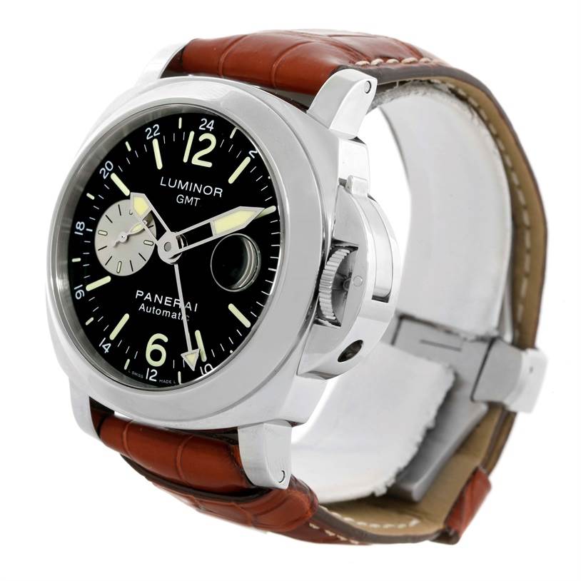 The image shows a Panerai Luminor PAM00088 Men
s Stainless Steel Black Dial PAM00088 Men
s Stainless Steel Black Dial GMT watch at an angle displaying the front dial, side crown guard, and brown leather strap.
