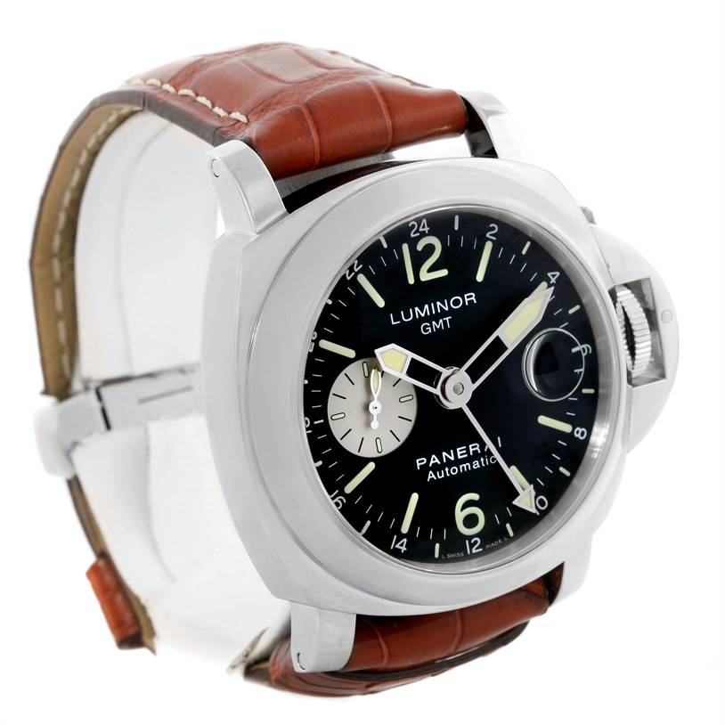 The image shows a front angled view of the Panerai Luminor PAM00088 Men
s Stainless Steel Black Dial PAM00088 Men
s Stainless Steel Black Dial GMT watch with a brown leather strap and black dial.