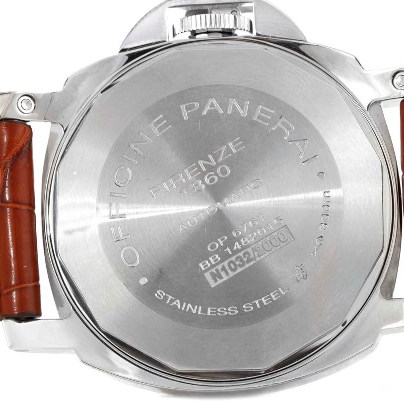 The image shows the back case of a Panerai Luminor PAM00088 Men
s Stainless Steel Black Dial PAM00088 Men
s Stainless Steel Black Dial watch, displaying engravings and part of the leather strap.