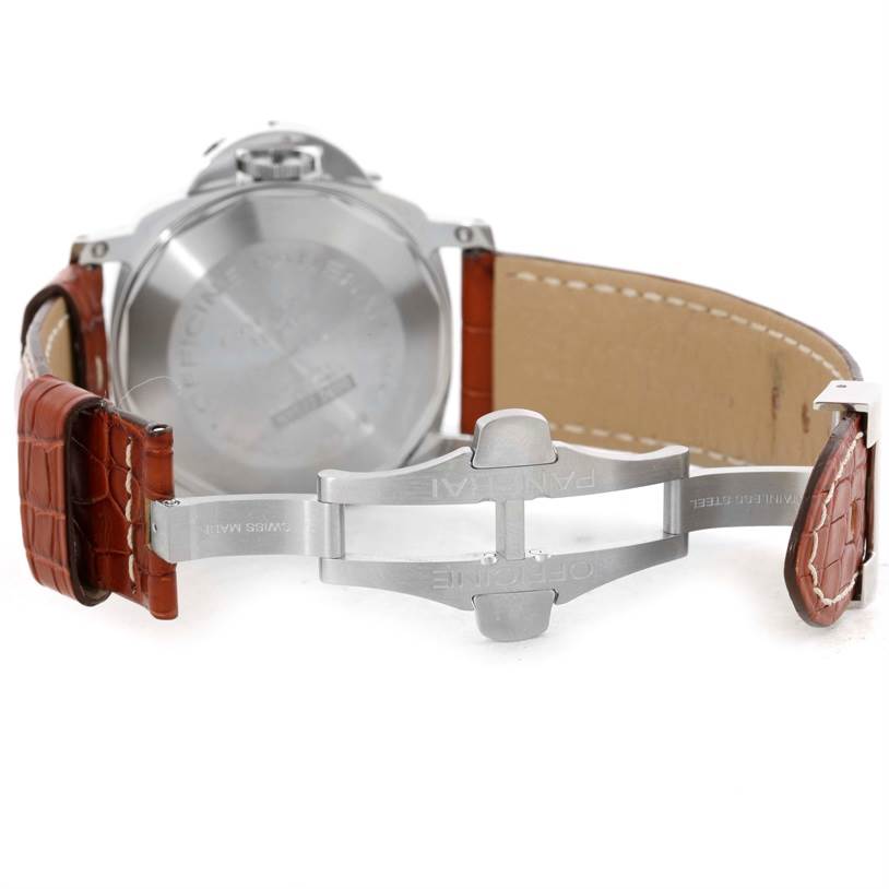 The image shows the backside of the Panerai Luminor PAM00088 Men
s Stainless Steel Black Dial PAM00088 Men
s Stainless Steel Black Dial watch, focusing on the clasp and leather strap.