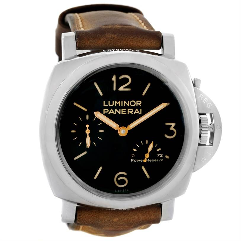 This image shows a head-on view of a Panerai Luminor PAM00423 Men's Stainless Steel Black Dial PAM00423 Men's Stainless Steel Black Dial watch, highlighting its dial, crown guard, and leather strap.