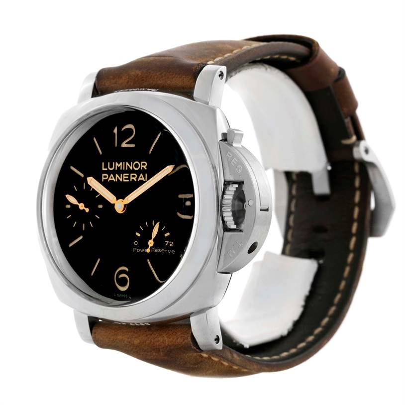 A side-angle view of the Panerai Luminor PAM00423 Men's Stainless Steel Black Dial PAM00423 Men's Stainless Steel Black Dial watch, showing its face, bezel, crown, and leather strap.