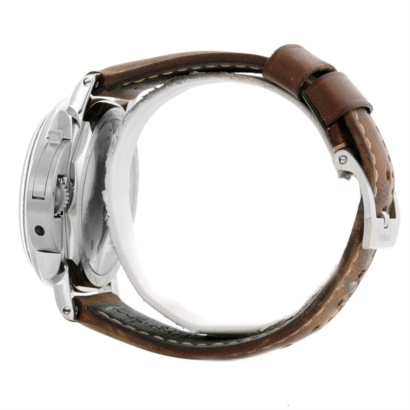 The image shows a side profile of a Panerai Luminor PAM00423 Men's Stainless Steel Black Dial PAM00423 Men's Stainless Steel Black Dial watch displaying its case, crown, and brown leather strap with a buckle.