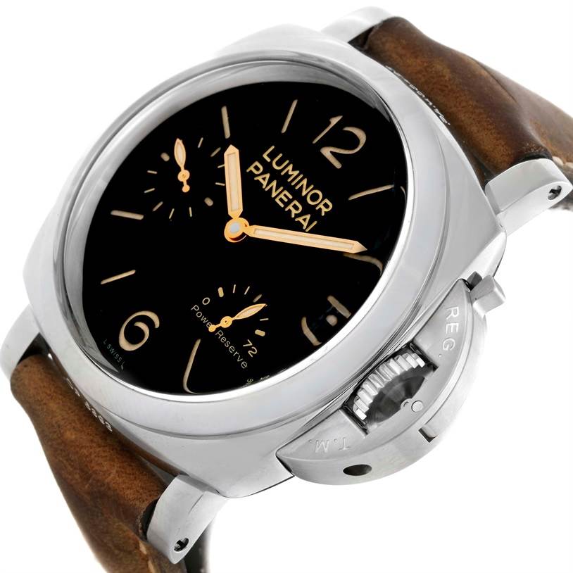 The image shows a close-up angle of a Panerai Luminor PAM00423 Men's Stainless Steel Black Dial PAM00423 Men's Stainless Steel Black Dial watch, highlighting the dial, hands, power reserve indicator, and crown guard.