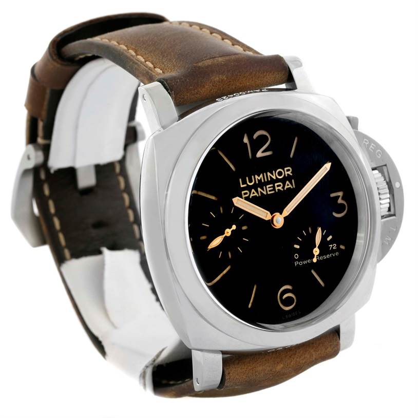 This image shows a Luminor Panerai watch from a front angle, highlighting the face, crown, and leather strap.