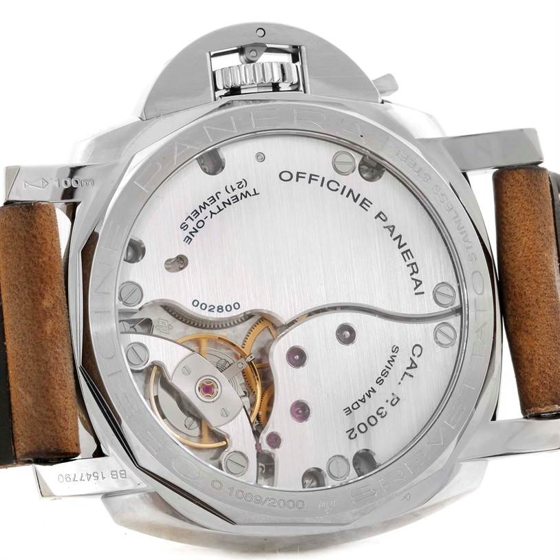 The image shows the back of a Panerai Luminor PAM00423 Men's Stainless Steel Black Dial PAM00423 Men's Stainless Steel Black Dial watch, highlighting the movement and internal mechanism.