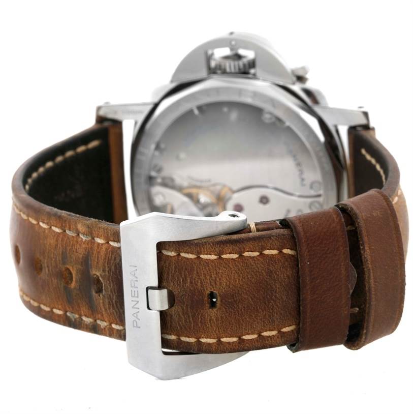 The image shows a rear view of a Panerai Luminor PAM00423 Men's Stainless Steel Black Dial PAM00423 Men's Stainless Steel Black Dial watch, focusing on its transparent case back and leather strap with buckle.