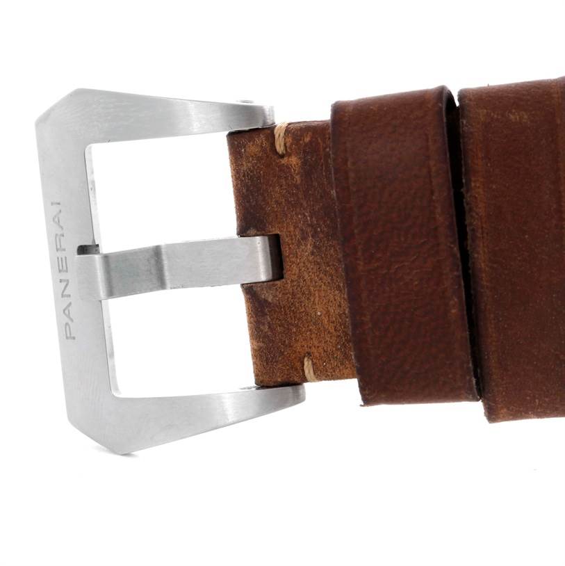 This image shows a close-up view of the buckle and part of the leather strap of a Panerai Luminor PAM00423 Men's Stainless Steel Black Dial PAM00423 Men's Stainless Steel Black Dial watch.