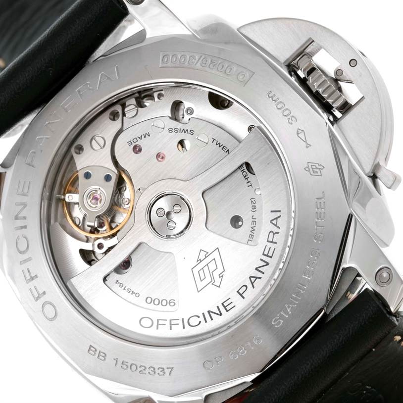 The image shows the back view of a Panerai Luminor PAM00359 Men's Stainless Steel Black Dial PAM00359 Men's Stainless Steel Black Dial watch, displaying its stainless steel case and visible movement components.