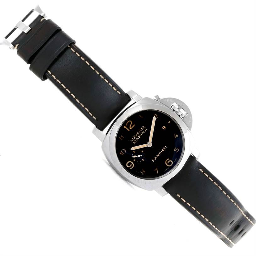 The image shows the Panerai Luminor PAM00359 Men's Stainless Steel Black Dial PAM00359 Men's Stainless Steel Black Dial watch from a top-down angle, highlighting the dial, case, and leather strap.