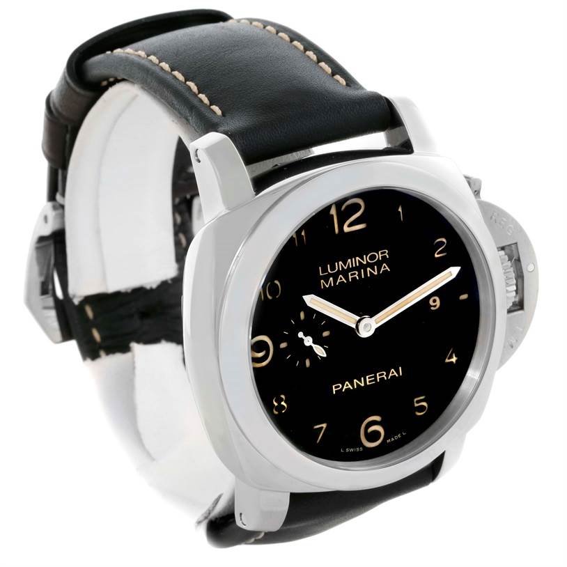 The image shows a Panerai Luminor PAM00359 Men's Stainless Steel Black Dial PAM00359 Men's Stainless Steel Black Dial watch at an angle highlighting the black dial, silver case, and black leather strap.