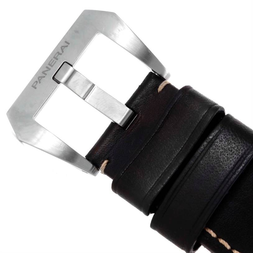 The image shows the buckle and part of the leather strap of a Panerai Luminor PAM00359 Men's Stainless Steel Black Dial PAM00359 Men's Stainless Steel Black Dial watch.