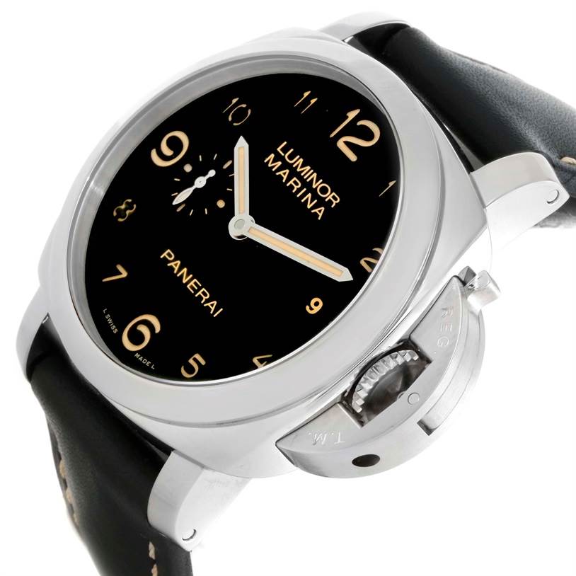 The Panerai Luminor PAM00359 Men's Stainless Steel Black Dial PAM00359 Men's Stainless Steel Black Dial model watch is shown at a slight angle, highlighting the face, crown guard, and black leather strap.